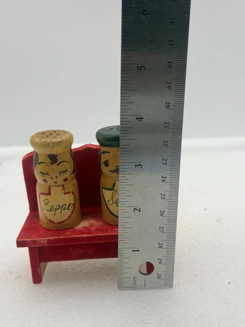 Vintage Wood Peg Chef Salt and Pepper Shakers and Red Bench Holder Japan